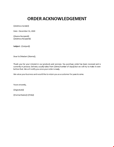 order acknowledgment letter template