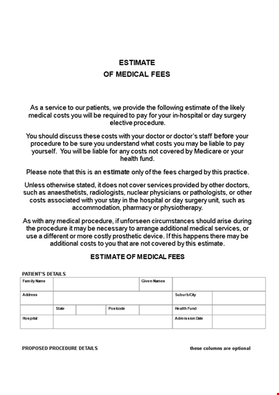 medical estimate template for procedure costs | health cost estimate template