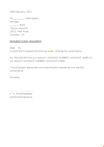 fund transfer confirmation letter example template