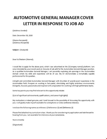 automotive general manager cover letter in response to job ad  template
