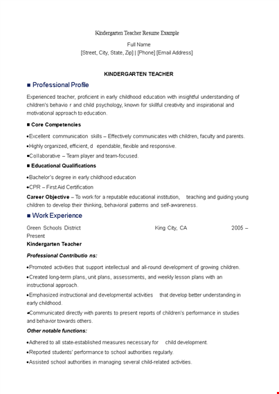 kindergarten teacher resume example template