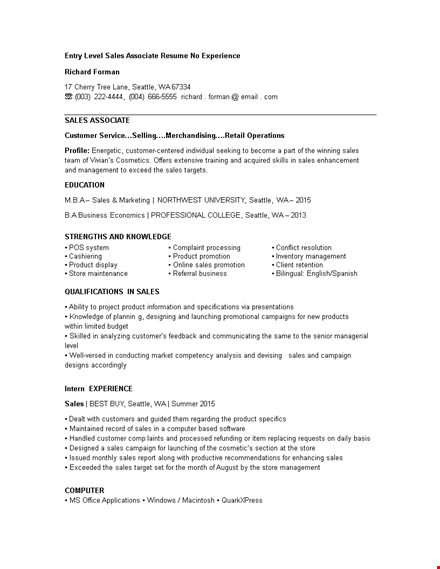 entry level sales associate resume template