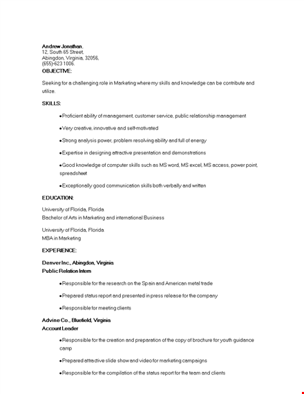 marketing college student resume template
