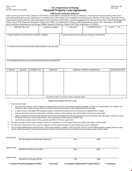 personal property loan agreement template template