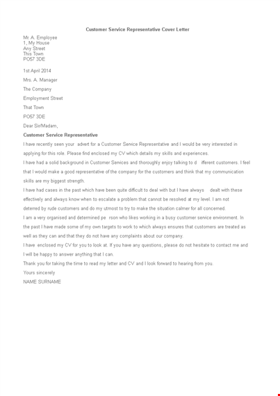 customer service representative cover letter template