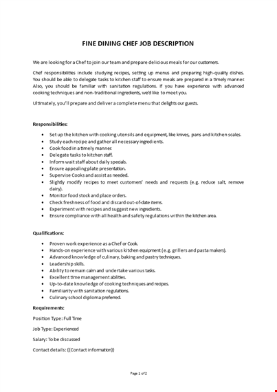 fine dining chef job description template