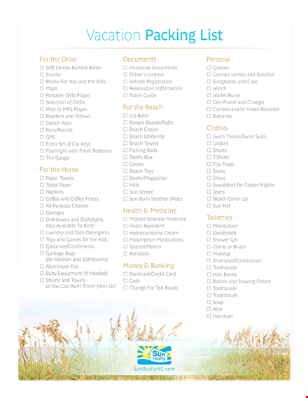 essential packing list template for books, beach, and towels template