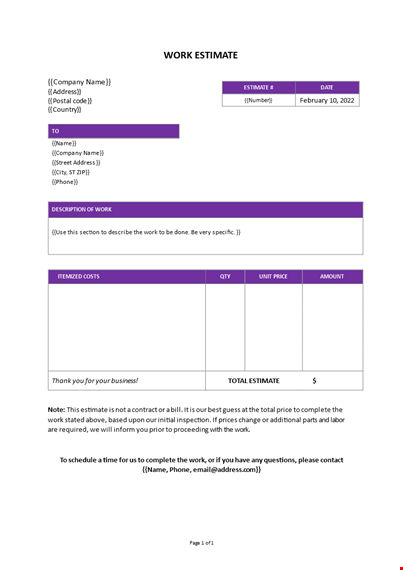 work estimate template free template