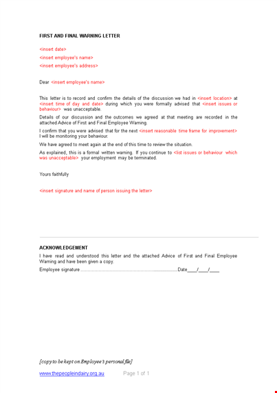 employee warning letter - final confirmation & action | company name template