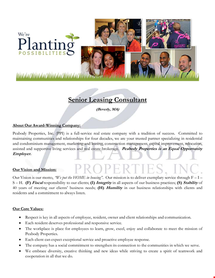 senior leasing consultant job description - company, service, properties | peabody template