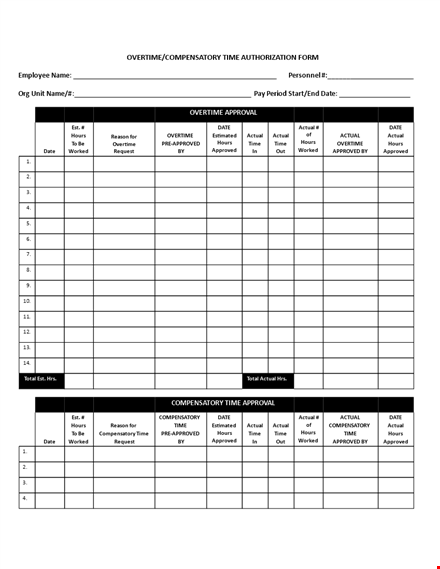 overtime compensatory time form | authorized, actual, approved overtime template