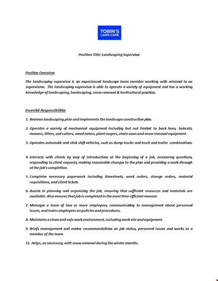 landscaping supervisor job description template