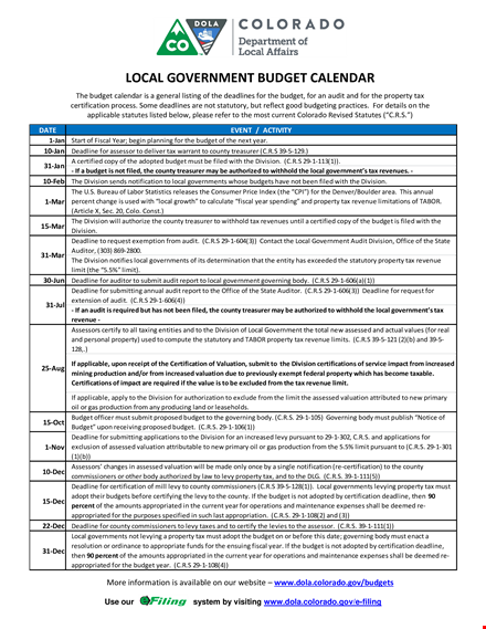 local government calendar: budget deadlines and division template