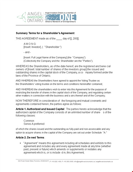 shareholder agreement | clearly define shareholders' rights & obligations template