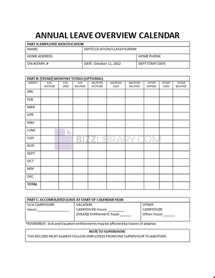 calendar for annual leave template