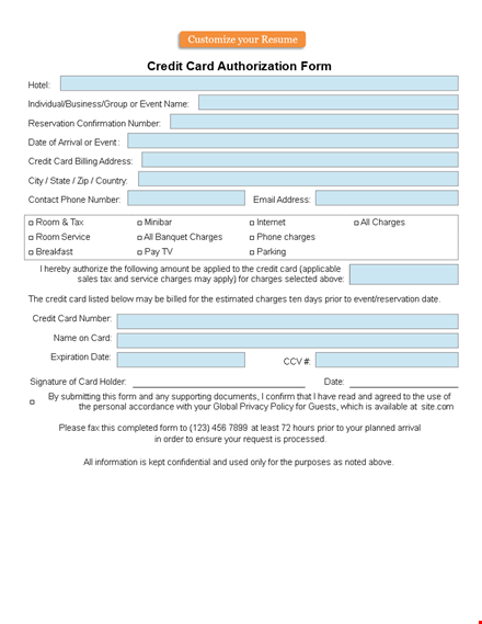 credit card authorization form template - easily authorize credit card charges template