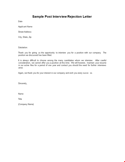 thank you letter for rejection interview - position at [company] template