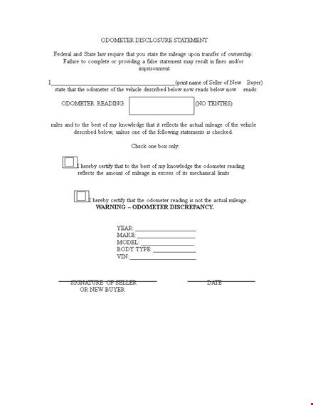 complete odometer disclosure statement | state of reading - mileage below odometer template