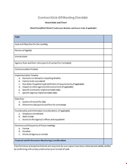 contract kick off - payment, performance, contractor template