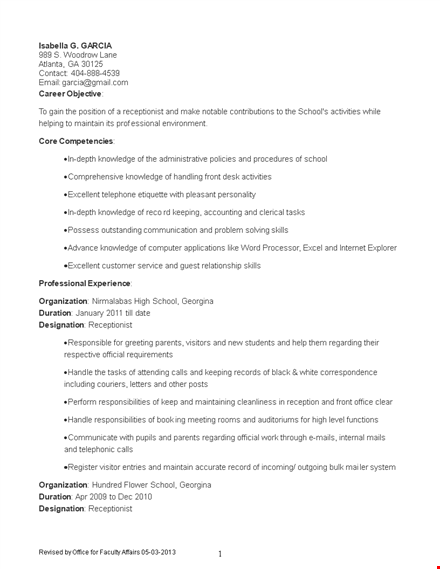 primary school receptionist template