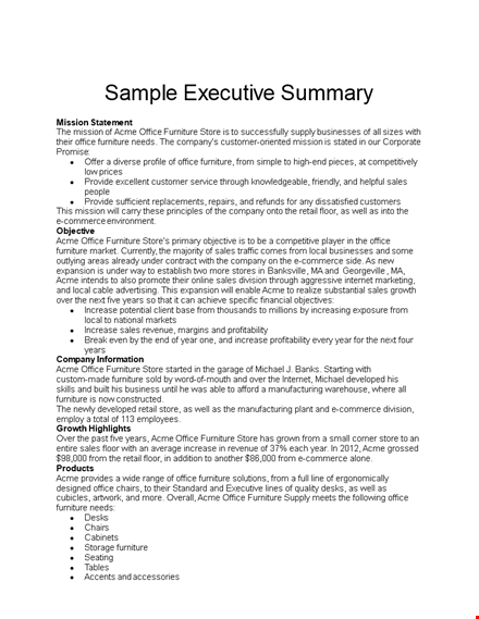 effective executive summary template for office and store furniture template