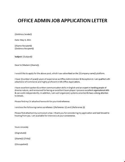 office admin job application letter template