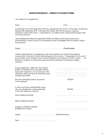 parental consent form template for an enhanced experience scheme for your daughter template