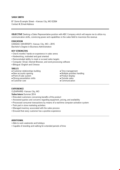 entry level sales representative resume | sales experience & skills | kansas template