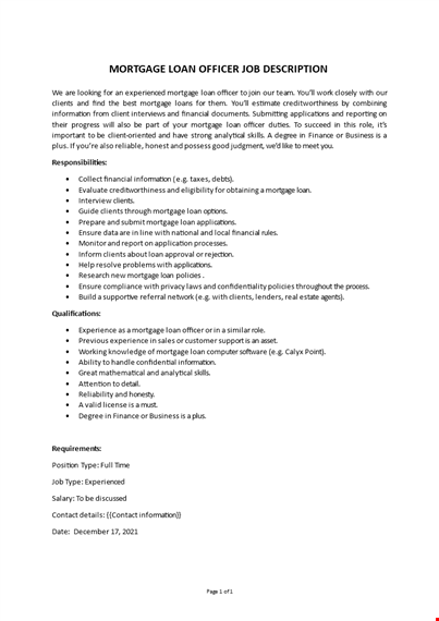 mortgage loan officer job description template