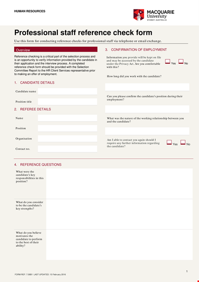 professional staff reference check form template