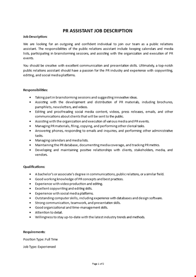 pr assistant job description template