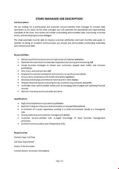 retail store manager job description template