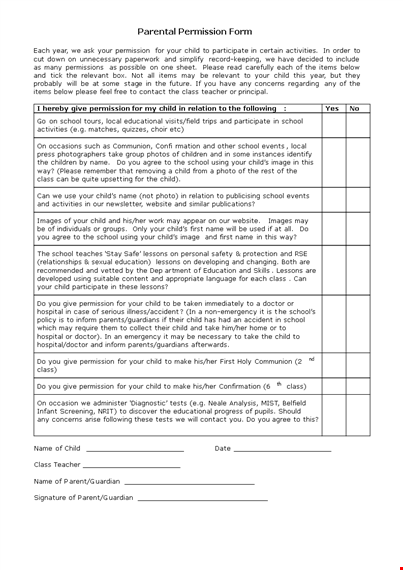 parental consent form template for school class and child permission template