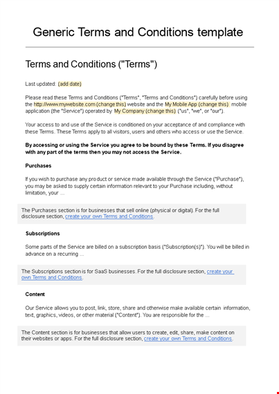 service terms and conditions template - customize your content today template