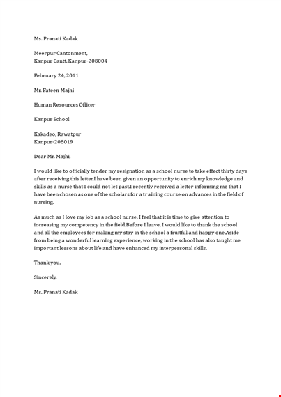 school nurse resignation letter template