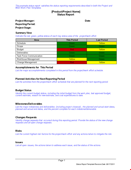 project status report template template