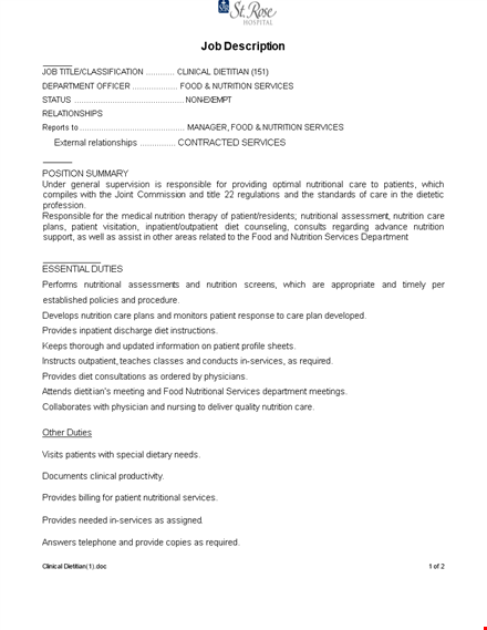 clinical nutritionist job description template