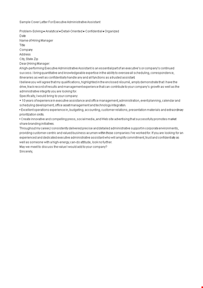 sample cover letter for executive administrative assistant template