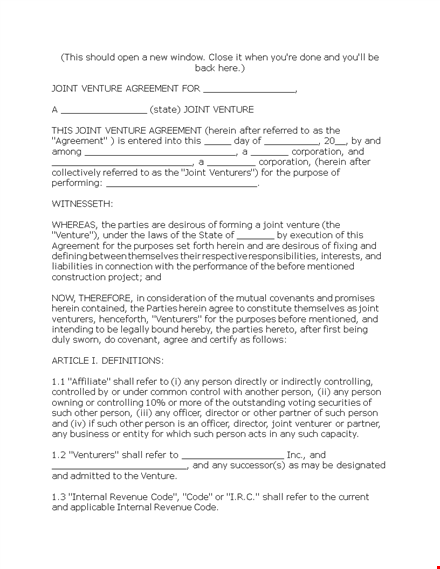 joint venture agreement template - create a successful partnership between joint venturers template