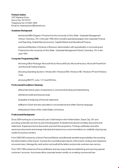 corporate banking credit analyst resume template