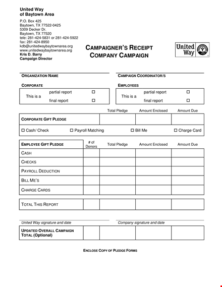 corporate company campaign report - total pledge receipt | baytown campaign template