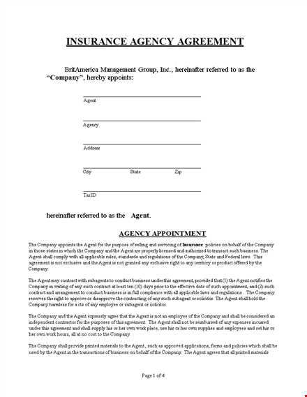 insurance agent agreement template - company & agent agreement template