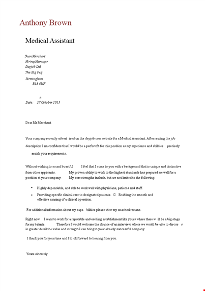 medical assistant cover letter example template