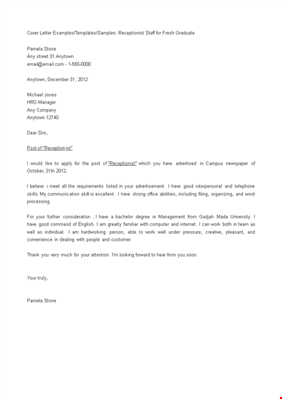 job application letter for fresh graduate receptionist template