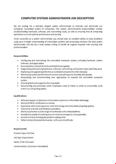 it systems admin job description template