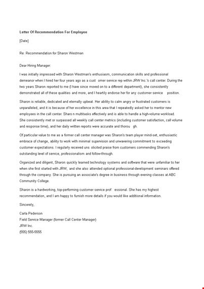 personal letter of recommendation for employee template