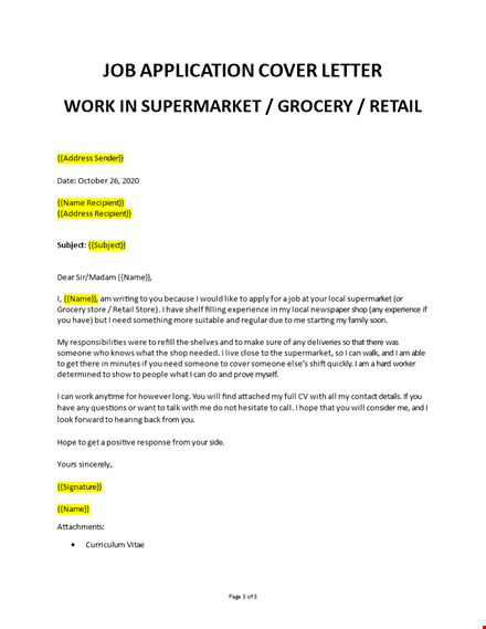 application letter to work in a supermarket template