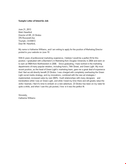 job intent letter template template