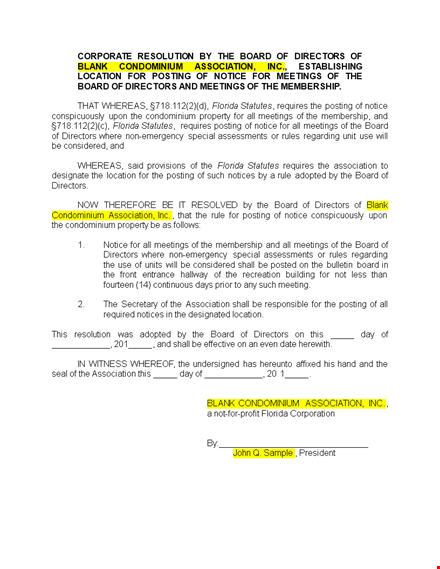 board of directors corporate resolution form - association & condominium posting template