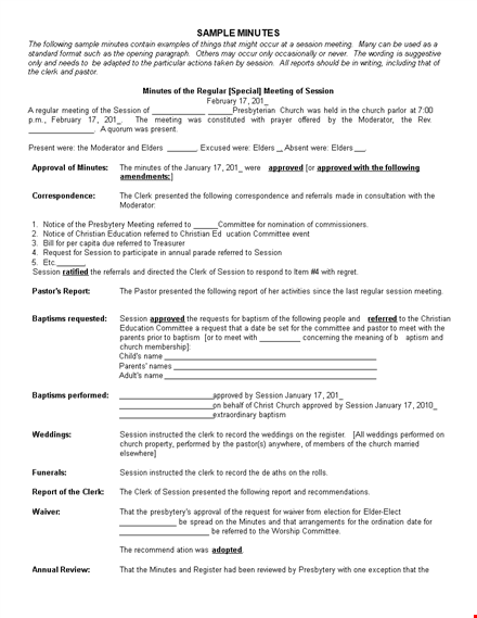 free church meeting minutes template - recommended form for church committee and session meetings template